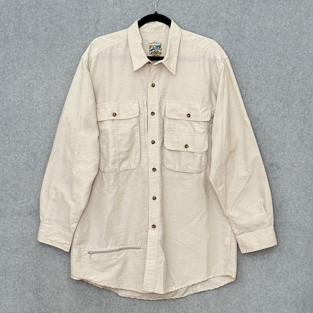 VTG TravelSmith Men Shirt L Beige Safari Utility Outdoor Hiking Camping Tactical